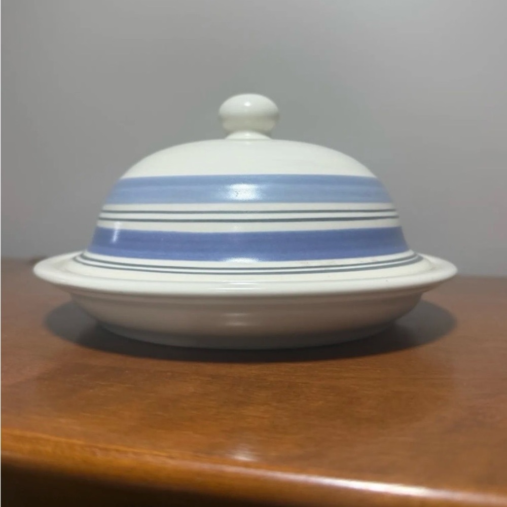 Vintage Pfaltzgraff Blue and White Striped Butter Dish